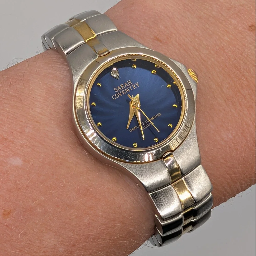 Sarah Coventry Blue Sunburst Dial Diamond‎ Accent Quartz Watch Two Tone 24mm